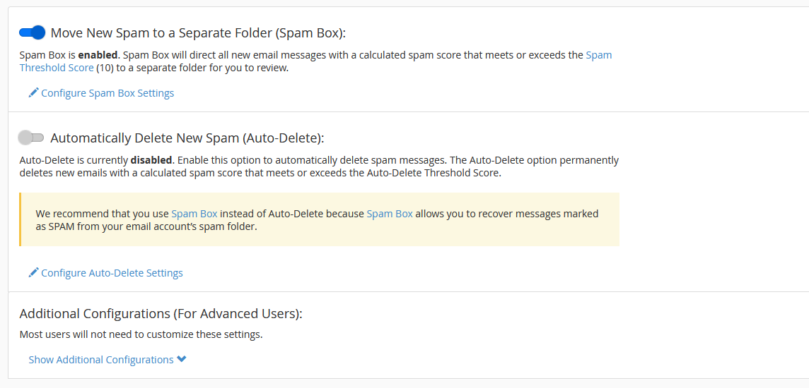 cPanel Spam Filter Additional Configurations